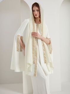 WF ATELIER Model height: 177 CM 100% Polyester Scarves Dimensions 200 x 70 Cape Length: 87 cm Luxury White Fall Cape, Luxury Elegant Shawl Cape, Luxury Chic Shawl Cape, Luxury White Cape, Luxury White Cape Outerwear, Luxury White Traditional Drape Shawl, Embroidered Scarf, Polyester Scarf, Designer Dress