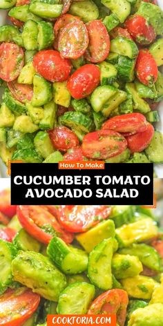 cucumber tomato and avocado salad with text overlay