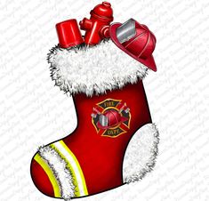 a fireman's stocking with a hat and boots on it is shown