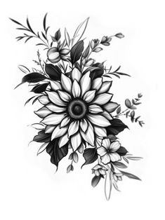 a black and white drawing of a flower