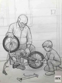 a drawing of a man working on a bicycle with a young boy standing next to it