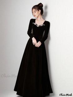 Olivia Mark - Velvet Long Sleeve Evening Gown in Black with Artistic Design Black Long Sleeve Gown For Banquet, Black Floor-length Evening Dress For Winter, Strapless Evening Gowns, Long Sleeve Evening Gowns, Home Dress, Olivia Mark, Quarter Sleeve, Evening Gown, Types Of Collars