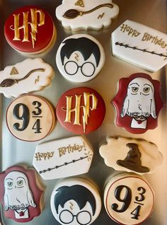 harry potter birthday cookies are arranged on a tray