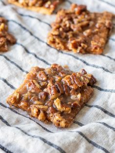 several pieces of granola bars sitting on top of a towel