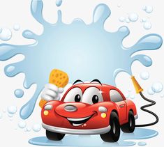 a cartoon car washes itself with a sponge and foamy water spray on the background