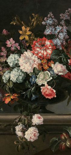 a painting of flowers in a vase on a ledge