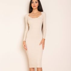 Details: Midi Bodycon Dress Colors: Cream / Black Scallop Hem Rib Knit Long Sleeves Fabric: 45% Viscose, 37% Polyester, 18% Nylon Model Stats: Kimberly Is 5'11 And Wears A Size Small Bust 32" Waist 25” Hips 36” Elegant Ribbed Mini Length Dress, Beige Bodycon Sweater Dress For Party, Chic Beige Ribbed Dresses, Beige Bodycon Midi Sweater Dress, Elegant Beige Ribbed Dress, Elegant Cream Ribbed Dress, Elegant Mini Sweater Dress For Brunch, Feminine Fitted Midi Dress For Winter, Beige Bodycon Knee-length Midi Dress