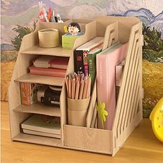 a wooden desk organizer with books and magazines