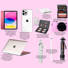 the contents of an apple product displayed on a pink background with information about its features