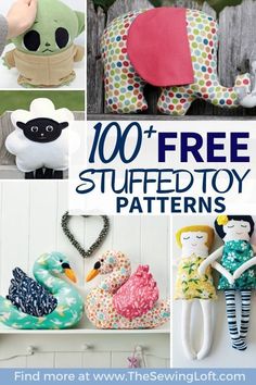 there are many stuffed animals and toys on the shelves with text overlay that reads, 100 free stuffed toy patterns