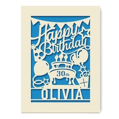 a blue and white birthday card with the words happy birthday