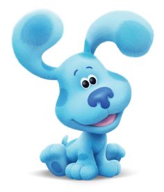 the blue dog is sitting down and smiling