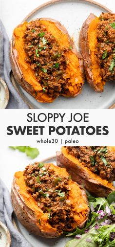 sloppy joe sweet potatoes on a plate with salad