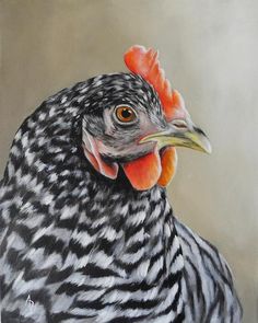 a painting of a chicken with black and white stripes on it's head, looking to the side