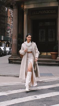 Highly Feminine Outfits, White Patent Boots Outfit, Tall White Lug Boots Outfit, White Slouchy Boots Outfit, Creme Boots Outfit Winter, White Midi Boots, White Boots With Jeans Outfit, Long Cream Boots Outfit, Long White Boots Outfit Winter