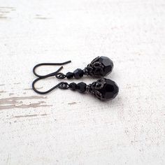 Gothic Victorian Mourning Jet Black Swarovski Crystal Earrings with Black Brass Filigree - Romantic Victorian Style Earrings, Antique Style Jewelry, Victorian Style Jewelry, Black Crystal Earrings, Blackened Brass, Gothic Bracelet, Goth Earrings, Gothic Victorian, Gothic Earrings