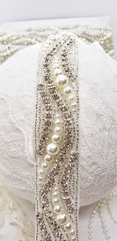 Pearl Rhinestone Trim Pearl Beaded Trim Wedding Dress Trim | Etsy Embellished Crystal Bridal Belt In Silver, Elegant Bedazzled Silver Bridal Accessories, Elegant Silver Bedazzled Bridal Accessories, White Crystal Bridal Belt With Rhinestones, Fitted Silver Crystal Bridal Belt, Silver Bedazzled Bridal Belt For Wedding, White Crystal Bridal Accessories With Rhinestones, Bedazzled White Bridal Belt For Wedding, Silver Embellished Bridal Belt For Wedding