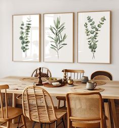 a dining room table with chairs and pictures on the wall above it that have green plants in them