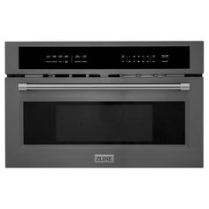 a stainless steel microwave oven with the door open and electronic controls on it's side