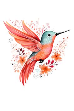 a colorful hummingbird flying through the air with flowers on it's back end