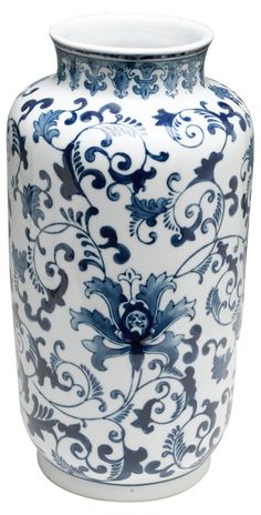 a blue and white vase with an ornate design