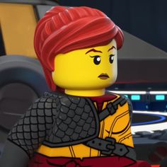 the lego movie character has red hair and is looking at something in front of him