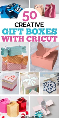 gift boxes with bows and ribbons are featured in this collage, which includes the words'50 creative gift boxes with cricut '