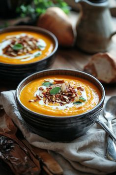 Two bowls of creamy pumpkin soup garnished with nuts and herbs.