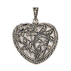 Sterling Silver Marcasite Heart Pendant Antique Silver Jewelry For Valentine's Anniversary, Antique Silver Jewelry For Anniversary On Valentine's Day, Elegant Heart-shaped Oxidized Jewelry, Elegant Heart-shaped Jewelry With Oxidized Finish, Elegant Heart Jewelry With Oxidized Finish, Antique Silver Heart Charm Pendant Jewelry, Antique Silver Heart-shaped Nickel-free Jewelry, Antique Silver Nickel-free Heart Pendant, Valentine's Day Antique Silver Sterling Silver Jewelry