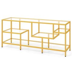 three yellow glass shelves with metal legs