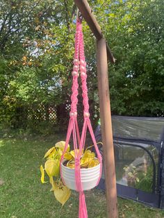 a potted plant hanging from a wooden pole in the grass with pink string attached to it