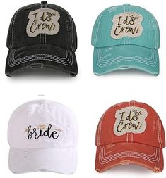 Price includes all 4 hats! Colors – Bride in White / I Do Crew in Orange, Turquoise, Distressed Black (gray) 100% cotton Distressed applique with embroidered text design High-quality contrast stitching Six-panel style Adjustable hook and loop closure that's ponytail-friendly Sewn eyelets for premium look Button top detail Crafted by KB Ethos Pre-curved visor that's ready to wear from day one Washed details Adjustable band means one size fits most, no matter the size of your head (or your curls) Cotton Snapback Hat With Embroidered Text, Cotton Cap With Embroidered Text, Cotton Hats With Embroidered Text And Curved Bill, Cotton Hat With Curved Bill And Embroidered Text, Cotton Curved Bill Hat With Embroidered Text, I Do Crew, Embroidered Text, Orange Turquoise, Button Top