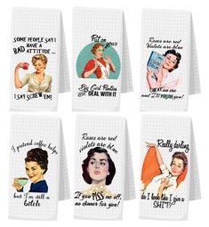 six coasters with different women's faces and sayings on each one side