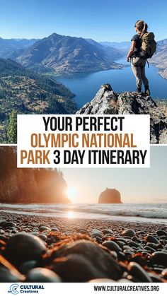 Scenic views of a hiker overlooking a lake and a serene coastal sunset, showcasing your perfect Olympic National Park 3 day itinerary. Unique Landscapes, Cascade Waterfall, Forest Trail, Tide Pools, Mountain Views