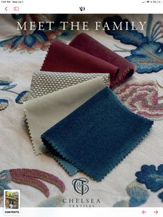 an image of some fabric samples on a tablecloth with the words meet the family