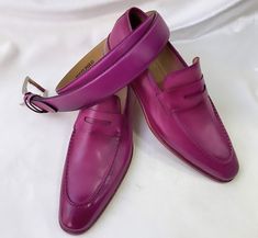 TucciPolo Luma Classic Elegant Purple Pink Italian Leather Mens Luxury Loafer Handmade Shoe with Matching Belt Combo. A classic and elegant loafer in Purple calfskin. Finished with a smooth trim, and prominent seams on the upper, comes complete with a leather sole and a matching belt. This is a combo order of the shoe with matching belt together. Select your shoe size and add it to cart. Once on the cart page, write a note in the comment box the size of your Belt. once we receive your order, we Elegant Formal Purple Loafers, Elegant Purple Formal Loafers, Classic Pink Loafers With Leather Sole, Pink Formal Loafers With Leather Sole, Pink Leather-sole Loafers For Formal Occasions, Luxury Pink Loafers For Formal Occasions, Classic Pink Leather Formal Shoes, Elegant Pink Formal Loafers, Lavender Shoes