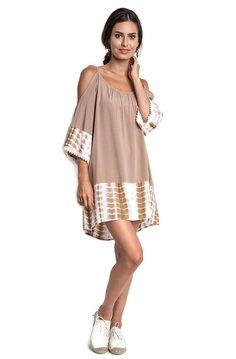 Tie Dye Cold Shoulder Tunic Dress, Taupe Tie Dye Dresses Boho, Mode Batik, Heart Breaker, Silk Clothes, Tie Dye Fashion, Cold Shoulder Lace, Dye Dress, Boho Luxe, Batik Dress