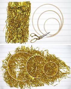 gold tinsel and scissors on white background