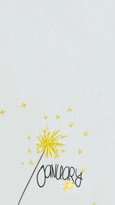 a drawing of a dandelion with the word january written on it and stars in the sky