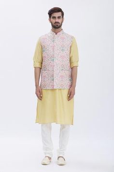 Shop for Aham-Vayam Gold Cotton Silk Blend Eden Embroidered Bundi And Kurta Set for Men Online at Aza Fashions Festive Pink Chanderi Nehru Jacket, Spring Festive Nehru Jacket With Gota Work, Pink Nehru Jacket With Zari Work For Spring, Spring Wedding Sherwani With Gota Work, Spring Pink Nehru Jacket With Zari Work, Spring Wedding Nehru Jacket With Gota Work, Straight Kurta Nehru Jacket With Zari Work For Spring, Traditional Bandhgala With Gota Work For Spring, Spring Sherwani With Gota Work