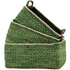 three green baskets are stacked on top of each other