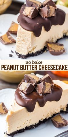 no bake peanut butter cheesecake on a white plate with the words, no bake peanut butter cheesecake