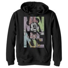 Who knew that dressing "mousey" could be so cute!? Celebrate Walt Disney's most iconic character with these officially licensed Mickey Mouse and Friends styles! This adorable, distressed Boys' Hoodie features "Minnie" printed in large, colorful panels with Minnie posing over them. This Hoodie will be perfect for your next trip to Disneyland. Size: xl. Color: black. Gender: male. Age Group: kids. Pattern: Mice. Material: Cotton. Disney Character Print Black Sweatshirt, Black Disney Character Print Sweatshirt, Disney Hoodie With Cartoon Print For Winter, Disney Cartoon Print Hoodie For Winter, Disney Cartoon Print Winter Hoodie, Disney Style Winter Hoodie With Cartoon Print, Black Mickey Mouse Hoodie, Black Mickey Mouse Hooded Hoodie, Disney Cotton Hoodie With Cartoon Print