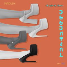 four pairs of high heeled shoes are shown on an orange background with the words maden