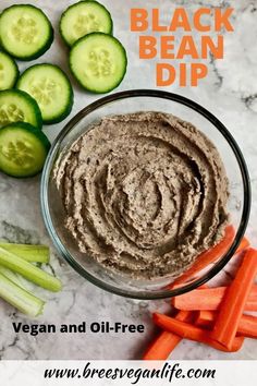 black bean hummus dip with carrots and cucumbers