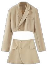 Chic Single-breasted Long Sleeve Sets, Beige Winter Sets For Office Wear, Beige Winter Workwear Sets, Solid Long Sleeve Skirt Suit For Fall, Fall Long Sleeve Skirt Suit, Fall Season Office Lady Sets, Solid Long Sleeve Suits For Summer, Long Sleeve Office Sets With Pockets, Fall Office Lady Sets With Suit Collar