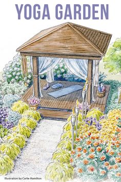 a drawing of a gazebo surrounded by flowers and plants with the words yoga garden written on it