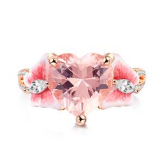 This sterling silver ring, a beautiful testament to the power of love, shines with a pink heart-shaped stone at its center. Fluttering gracefully on either side of the heart-shaped stone are two enamel pink butterflies. These delicate creatures, with their wings spread wide, seem to be dancing on the ring wall. Whether worn as a symbol of a deep and abiding love or beauty , this sterling silver ring with its pink heart-shaped stone and dancing butterflies is sure to captivate and delight.Carat W Elegant Enamel Heart Cut Jewelry, Elegant Heart Cut Enamel Jewelry, Luxury Heart-shaped Enamel Jewelry, Pink Gemstone Ring For Valentine's Day, Elegant Rose Gold Enamel Rings, Rose Gold Enamel Wedding Rings, Pink Fine Jewelry Butterfly Ring As Gift, Rose Gold Enamel Jewelry For Wedding, Elegant Pink Enamel Ring