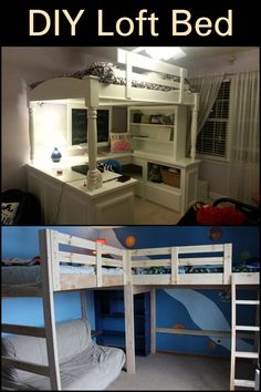 bunk beds with built in desks and shelves for kids to use as storage space