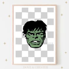 the incredible hulk poster is displayed in front of a checkerboard background with stars